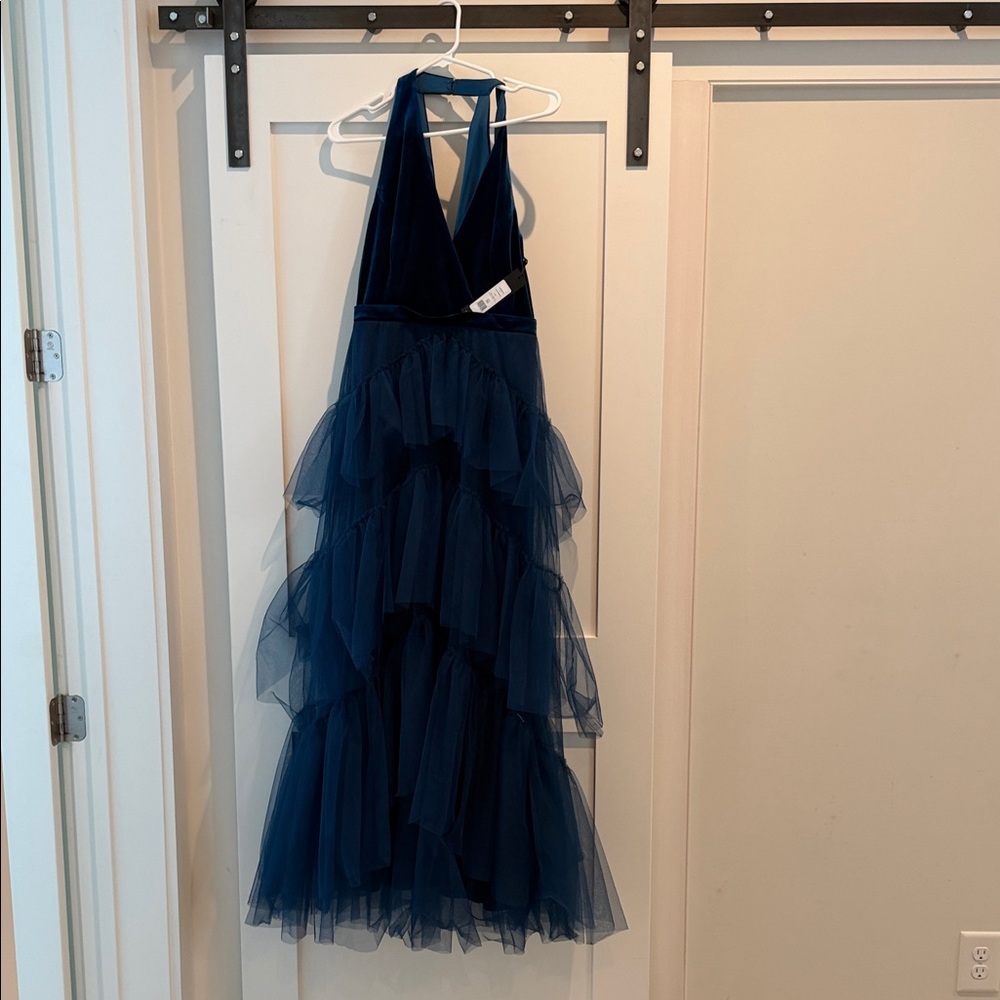 BCBGMaxAzria Navy Halter Tiered Tulle Gown